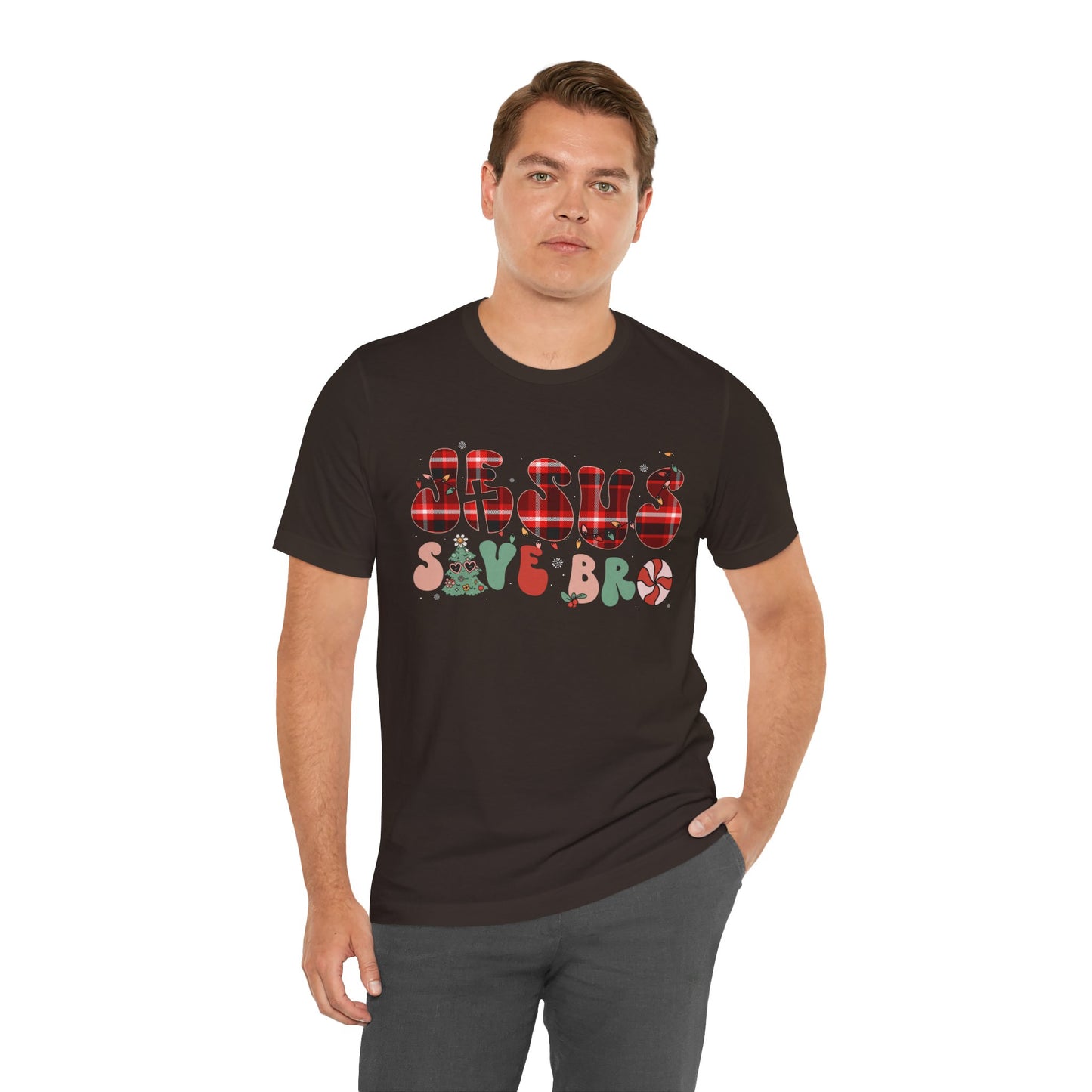Groovy Jesus Saves Bro Shirt – Retro Red Plaid Christian Christmas Tee
