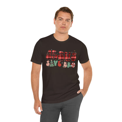 Groovy Jesus Saves Bro Shirt – Retro Red Plaid Christian Christmas Tee