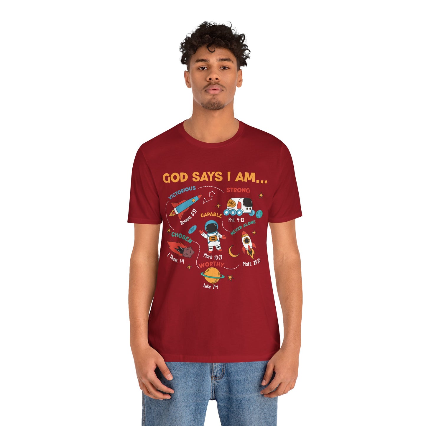 God Says I Am Kids Shirt – Christian Astronaut Space Galaxy Bible Affirmation Tee