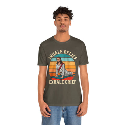 Jesus Inhale Belief Exhale Grief Shirt – Christian Yoga Retro Faith Wellness Tee