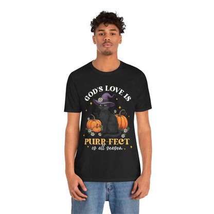 God’s Love Is Purr-fect Shirt – Cute Christian Black Cat Pumpkin Fall Faith Tee