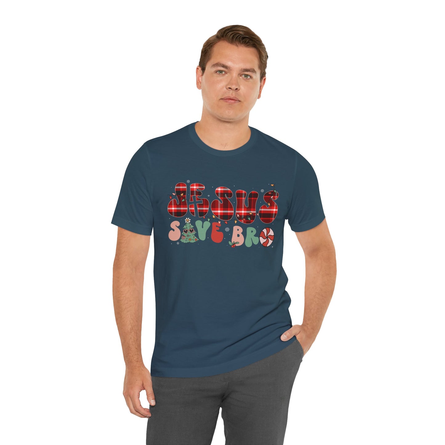 Groovy Jesus Saves Bro Shirt – Retro Red Plaid Christian Christmas Tee