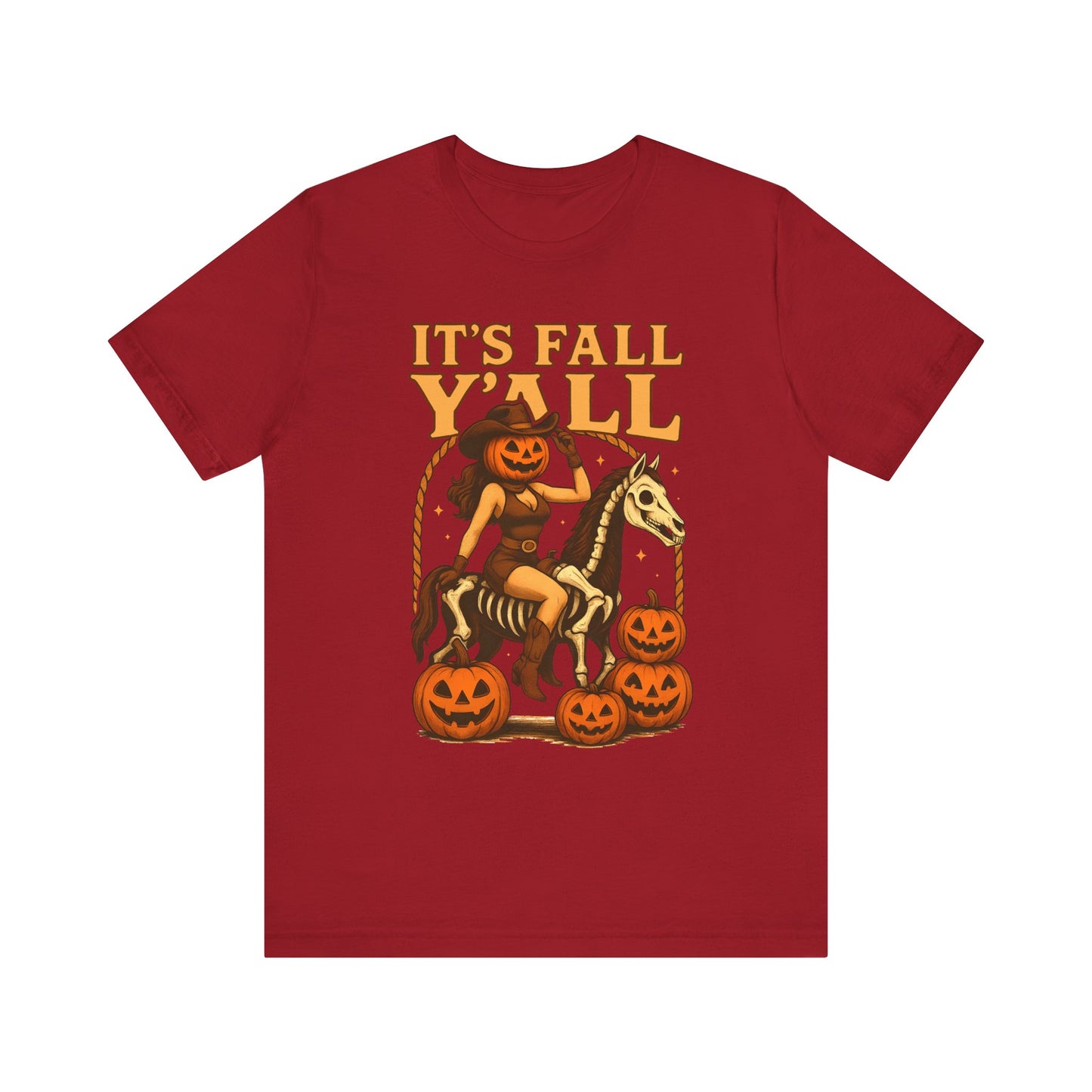 It’s Fall Y’all Shirt – Pumpkin Head Cowgirl Skeleton Horse Western Tee