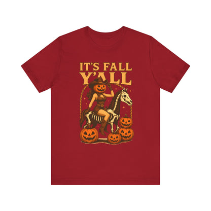 It’s Fall Y’all Shirt – Pumpkin Head Cowgirl Skeleton Horse Western Tee