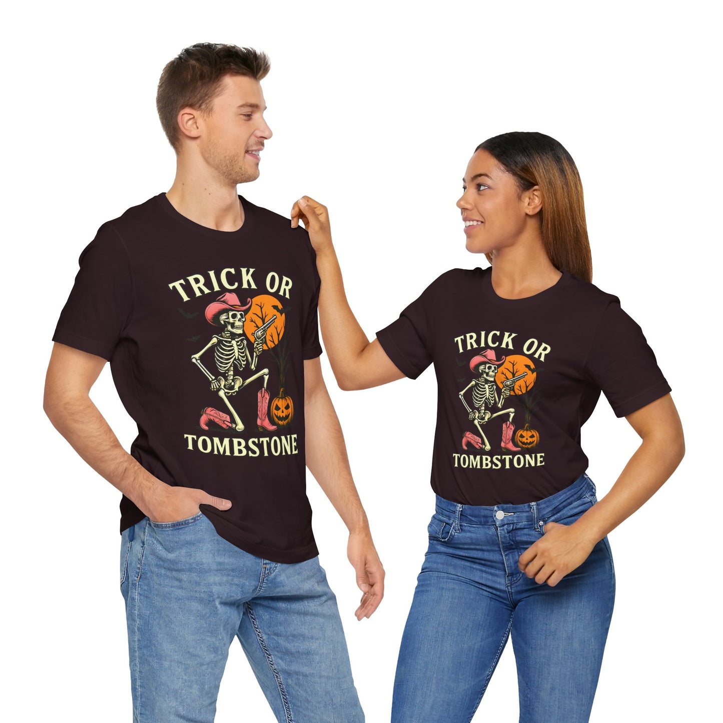 Trick or Tombstone Shirt Funny Skeleton Cowboy Halloween Tee, Spooky Western Rodeo Outfit