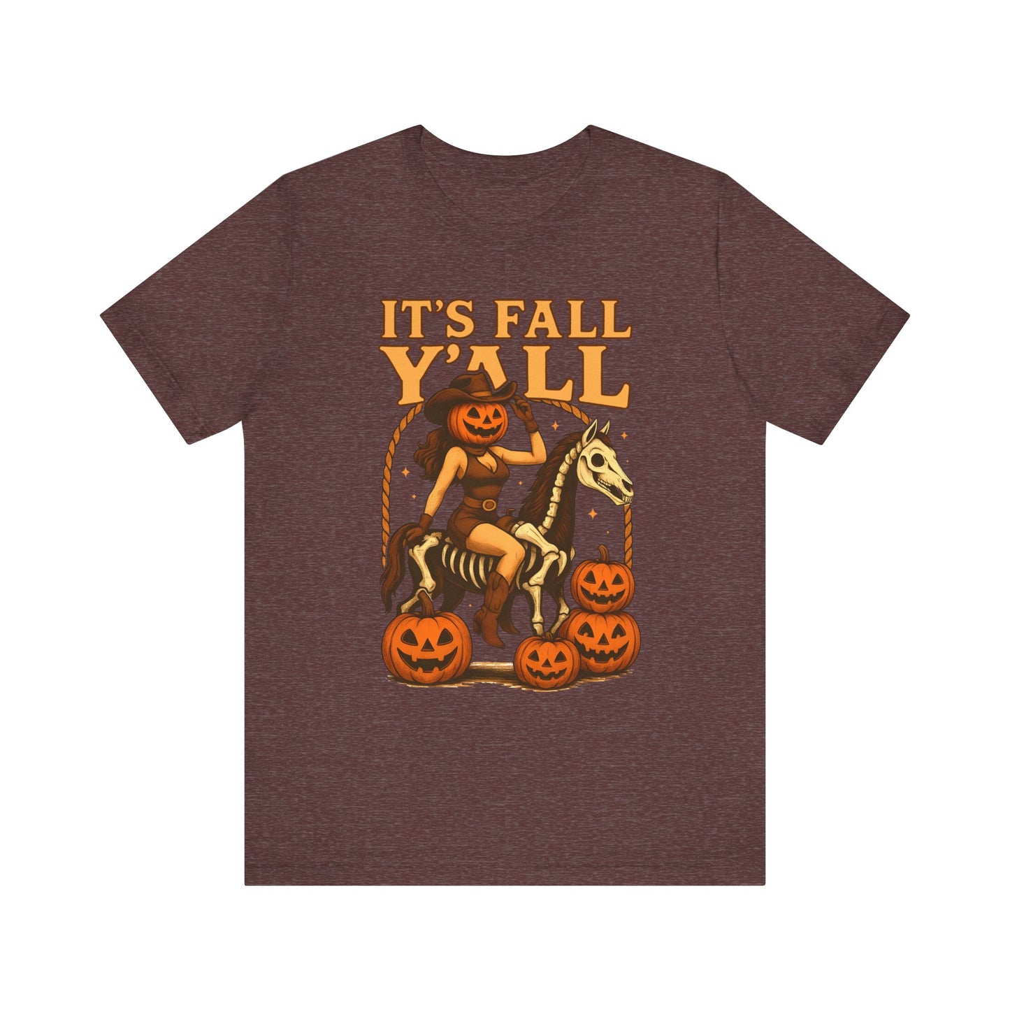 It’s Fall Y’all Shirt – Pumpkin Head Cowgirl Skeleton Horse Western Tee
