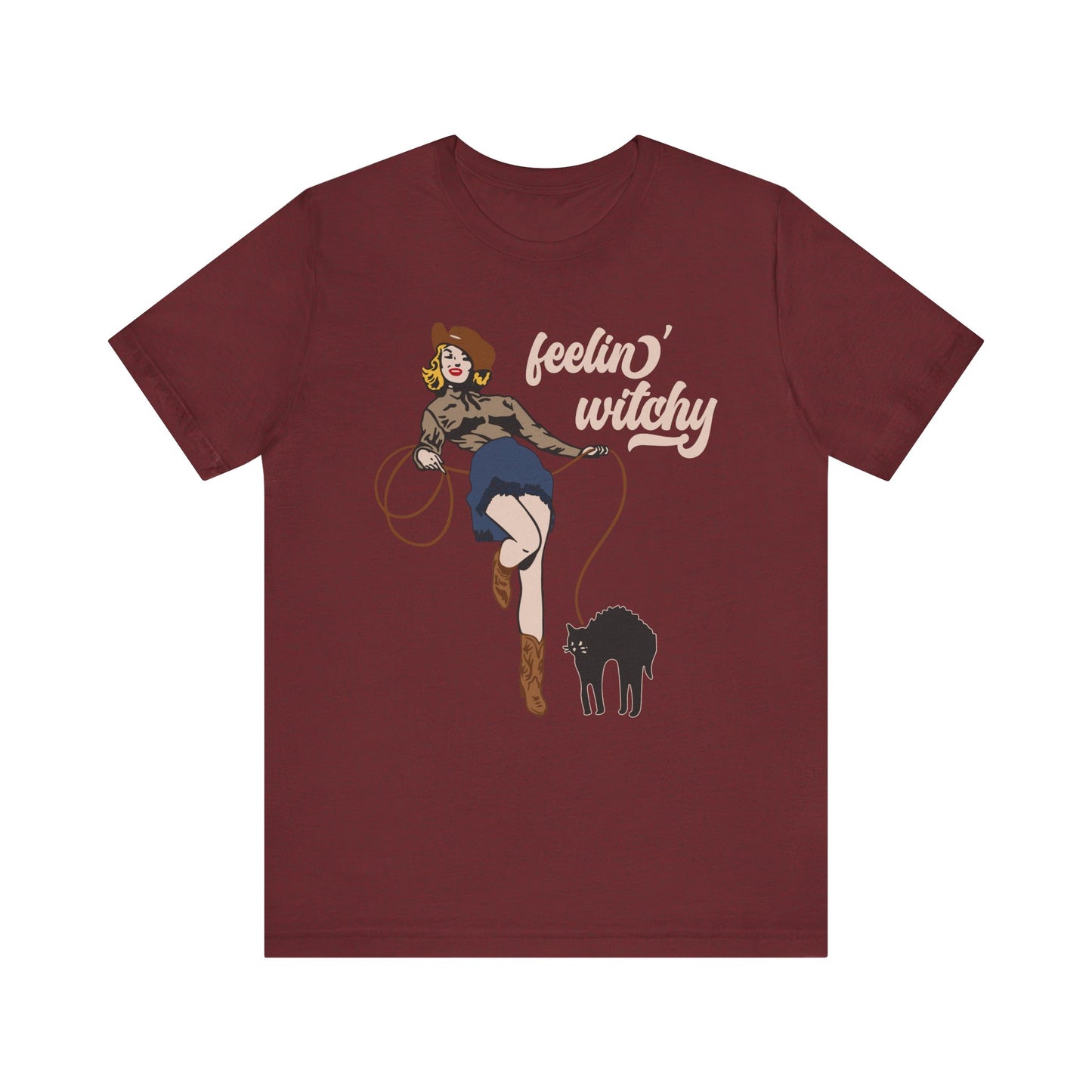 Feeling Witchy Shirt – Vintage Pin-Up Girl & Black Cat Halloween Tee