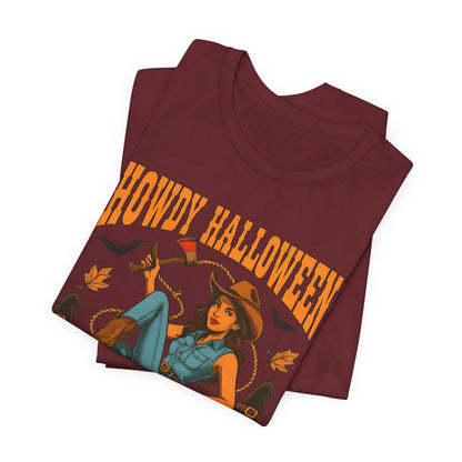 Howdy Halloween Shirt – Cowgirl on Pumpkin Tee with Skeleton Hands