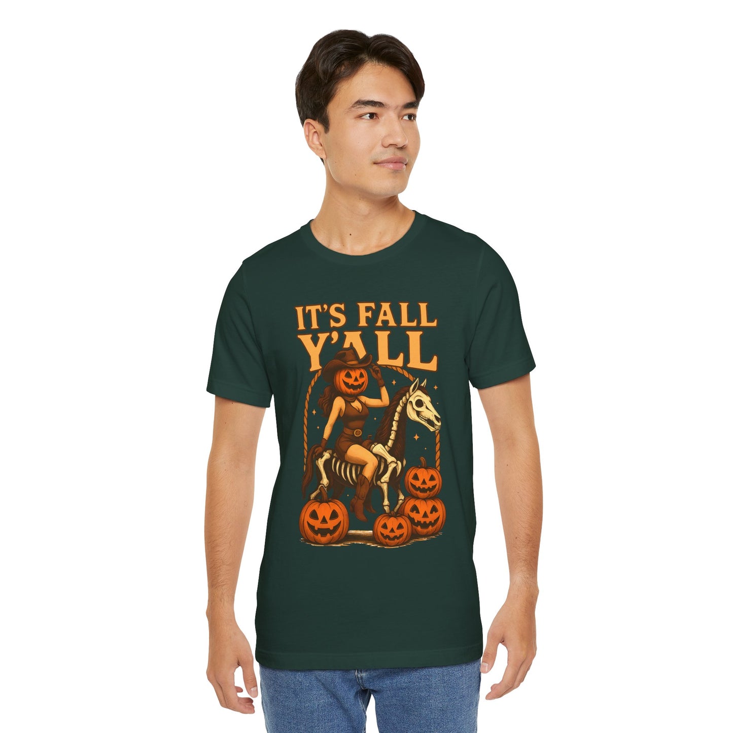 It’s Fall Y’all Shirt – Pumpkin Head Cowgirl Skeleton Horse Western Tee