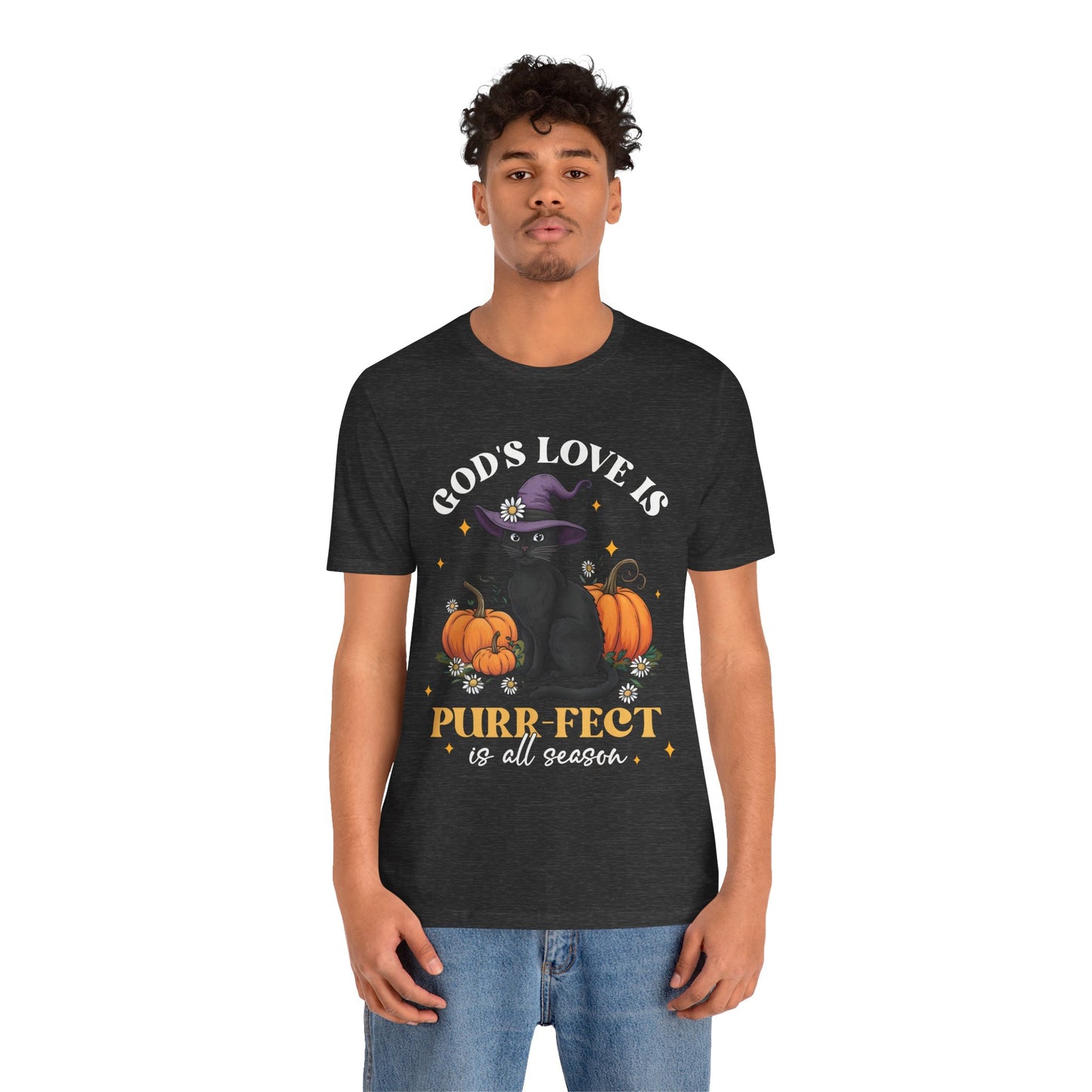 God’s Love Is Purr-fect Shirt – Cute Christian Black Cat Pumpkin Fall Faith Tee