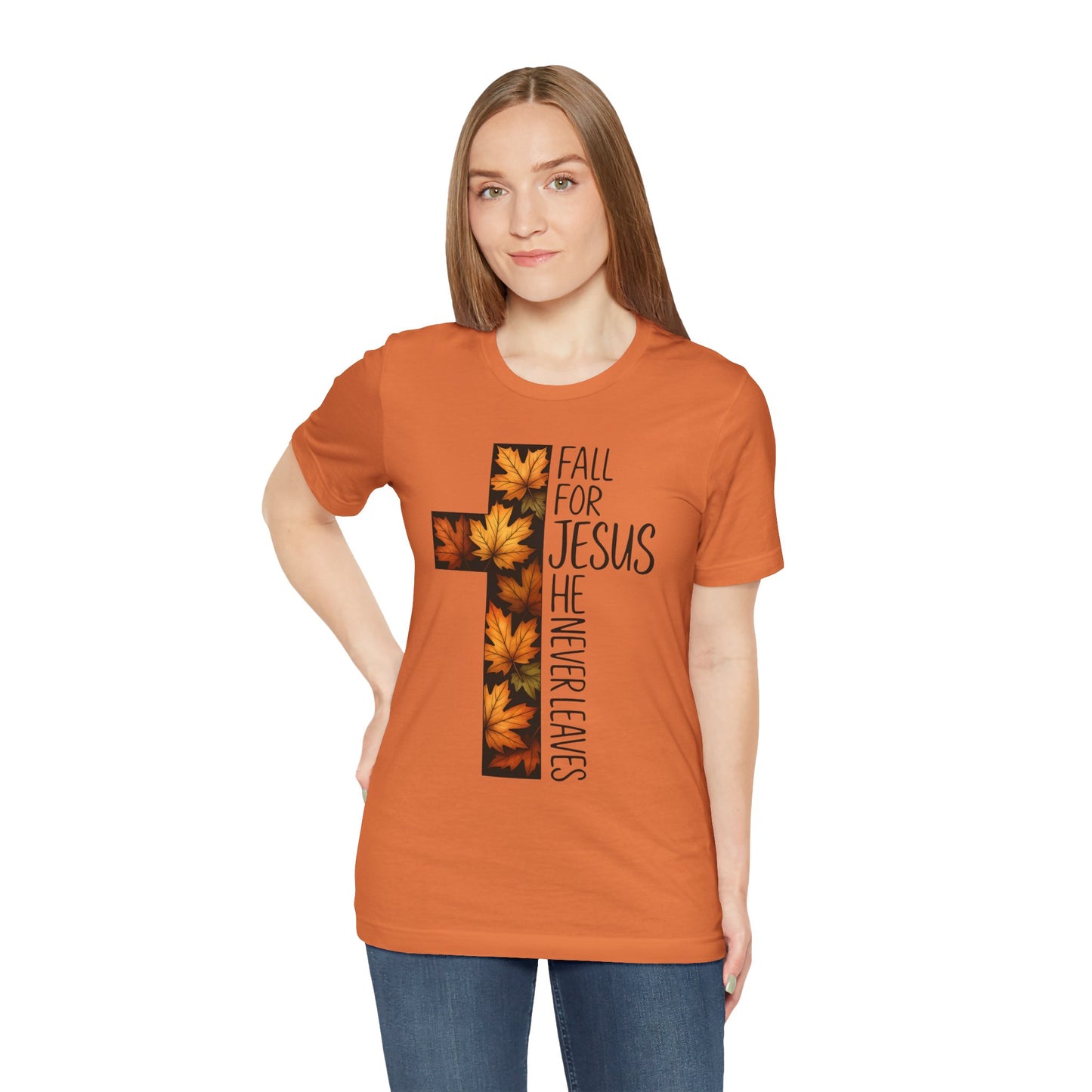Fall for Jesus He Never Leaves Shirt – Retro Christian Cross Thanksgiving Tee