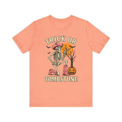 Trick or Tombstone Shirt Funny Skeleton Cowboy Halloween Tee, Spooky Western Rodeo Outfit