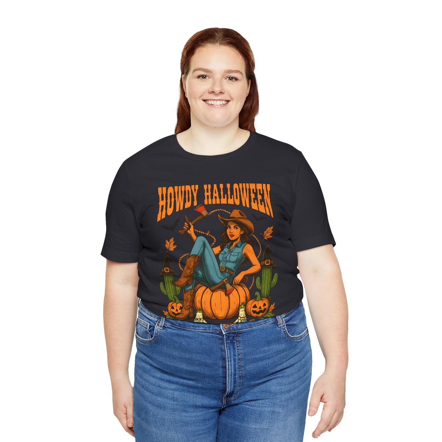 Howdy Halloween Shirt – Cowgirl on Pumpkin Tee with Skeleton Hands