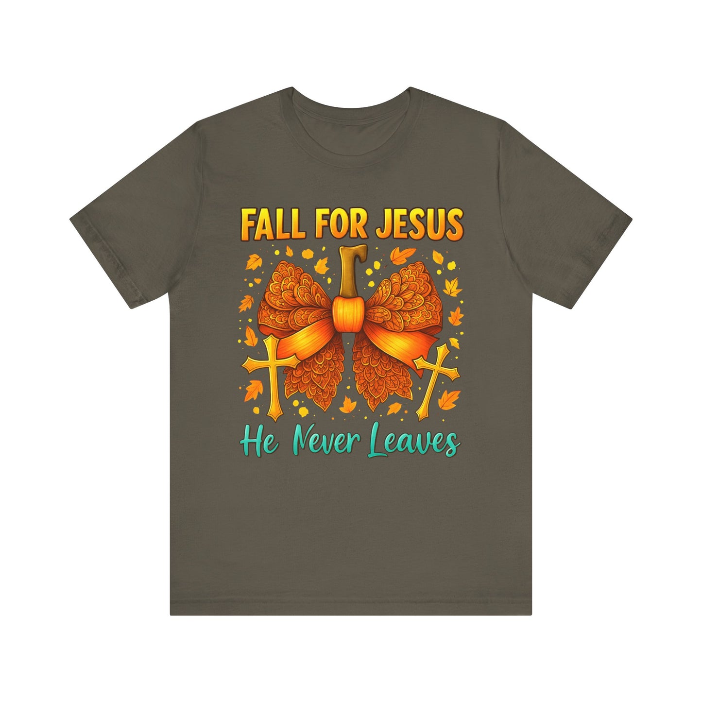 Fall for Jesus He Never Leaves Shirt – Christian Pumpkin Bow Thanksgiving Tee