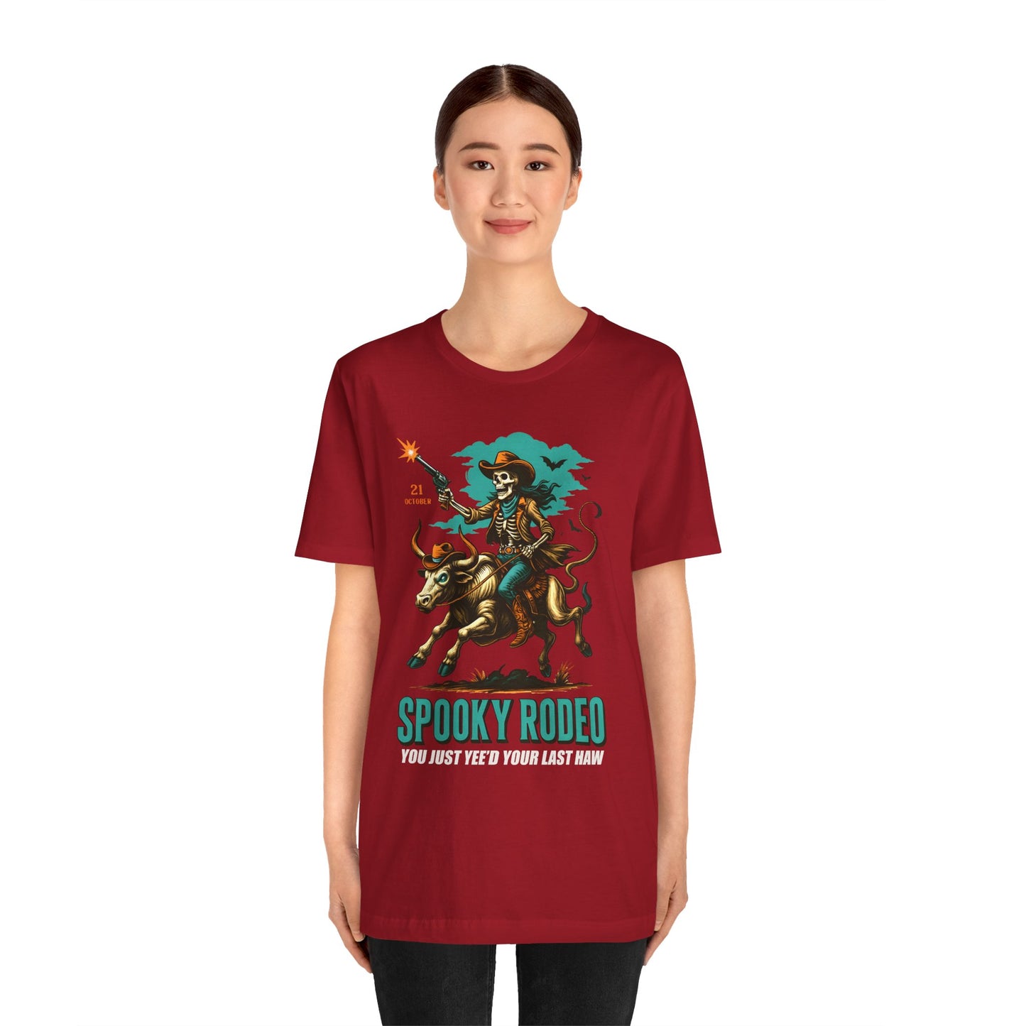 Spooky Rodeo Shirt Skeleton Cowboy Halloween Tee, Western Bull Rider Graphic for Fall