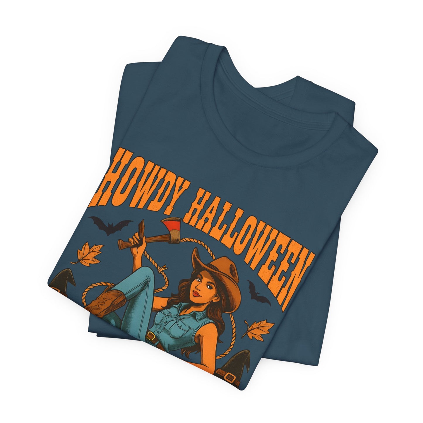 Howdy Halloween Shirt – Cowgirl on Pumpkin Tee with Skeleton Hands