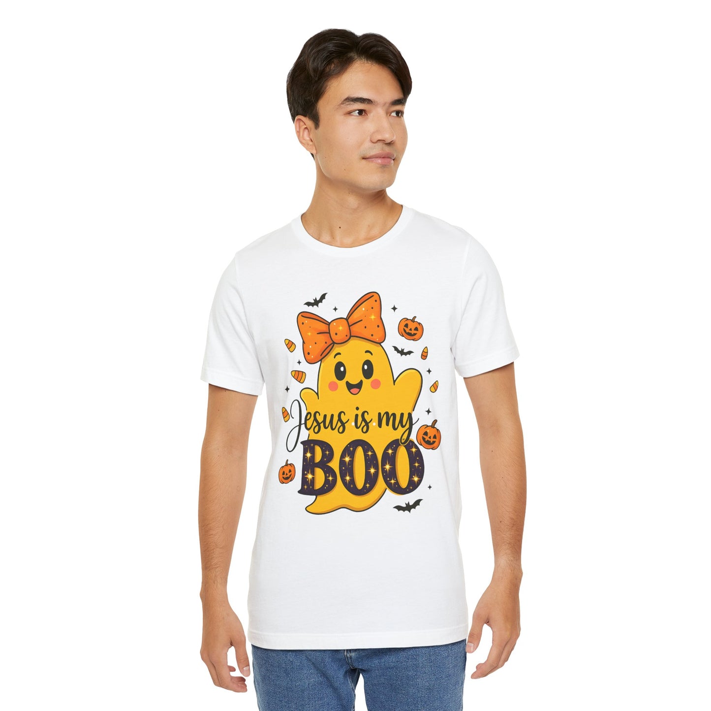 Jesus Is My Boo Shirt – Cute Christian Ghost with Bow Halloween Faith Tee