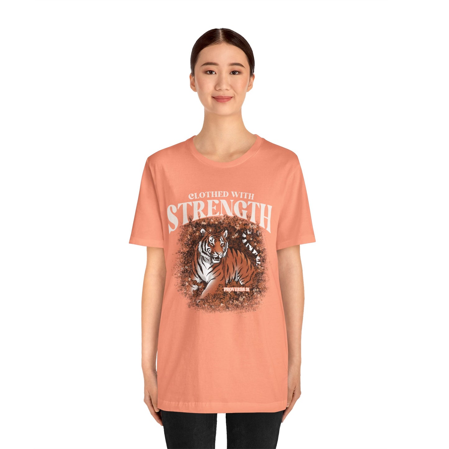 Clothed With Strength Shirt – Christian Tiger Cherry Blossom Proverbs 31:25 Tee