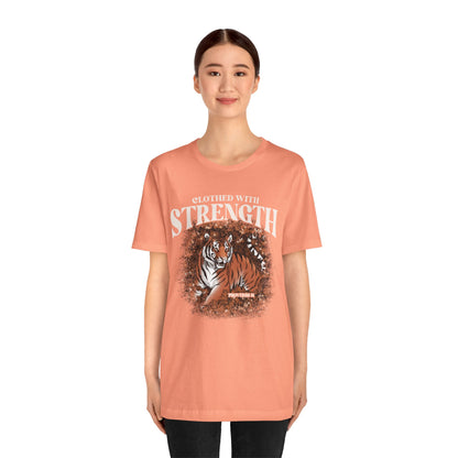 Clothed With Strength Shirt – Christian Tiger Cherry Blossom Proverbs 31:25 Tee