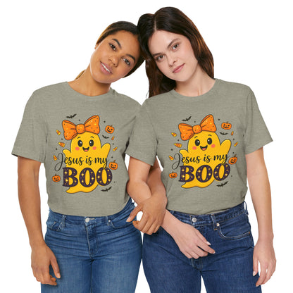 Jesus Is My Boo Shirt – Cute Christian Ghost with Bow Halloween Faith Tee