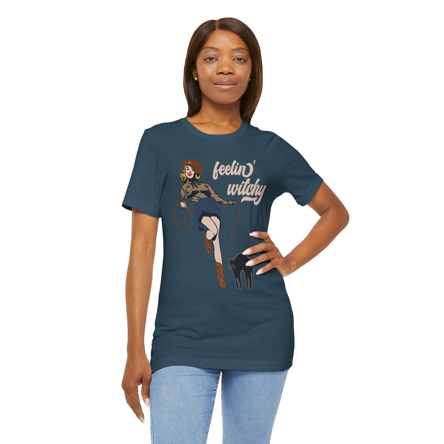 Feeling Witchy Shirt – Vintage Pin-Up Girl & Black Cat Halloween Tee