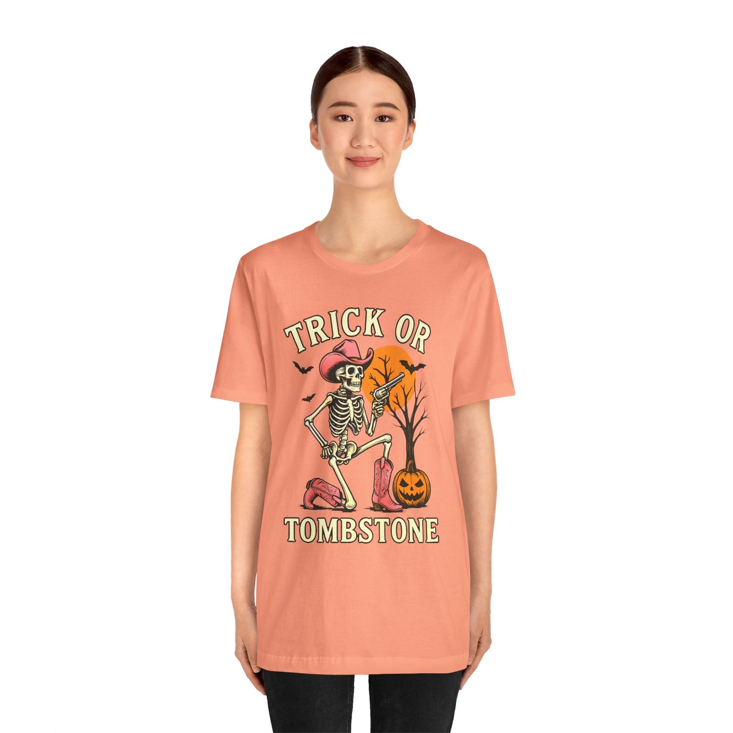 Trick or Tombstone Shirt Funny Skeleton Cowboy Halloween Tee, Spooky Western Rodeo Outfit