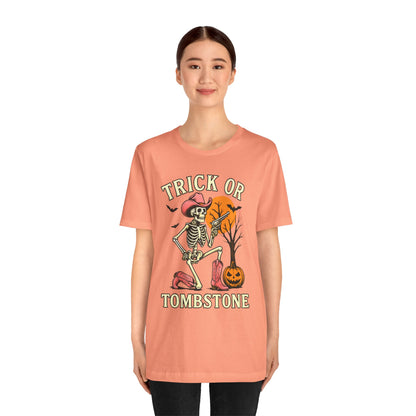 Trick or Tombstone Shirt Funny Skeleton Cowboy Halloween Tee, Spooky Western Rodeo Outfit