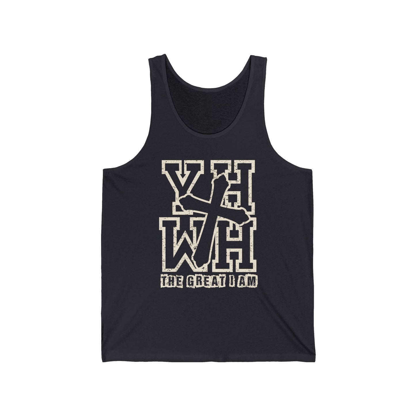 YHWH Bold Cross Tank – The Great I Am Distressed Christian Faith Unisex Jersey