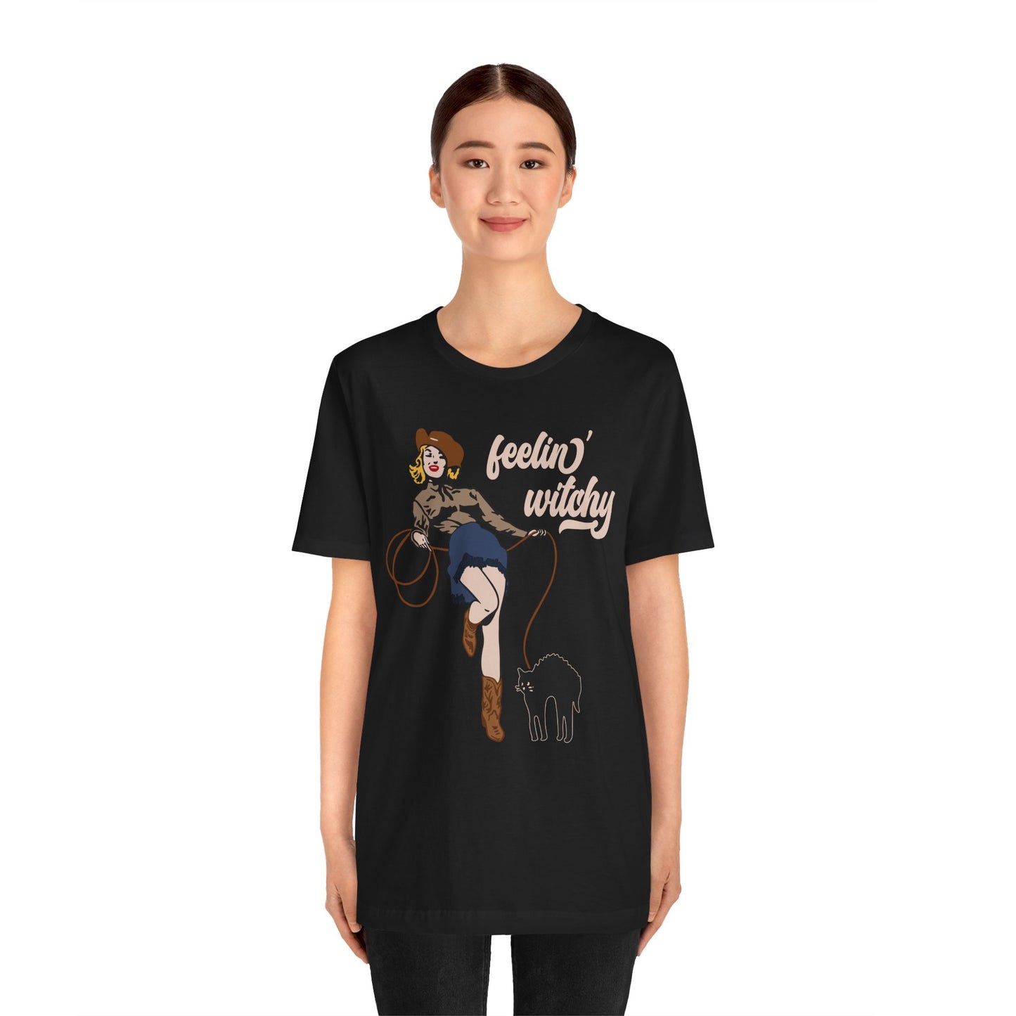 Feeling Witchy Shirt – Vintage Pin-Up Girl & Black Cat Halloween Tee