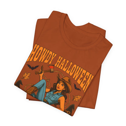 Howdy Halloween Shirt – Cowgirl on Pumpkin Tee with Skeleton Hands