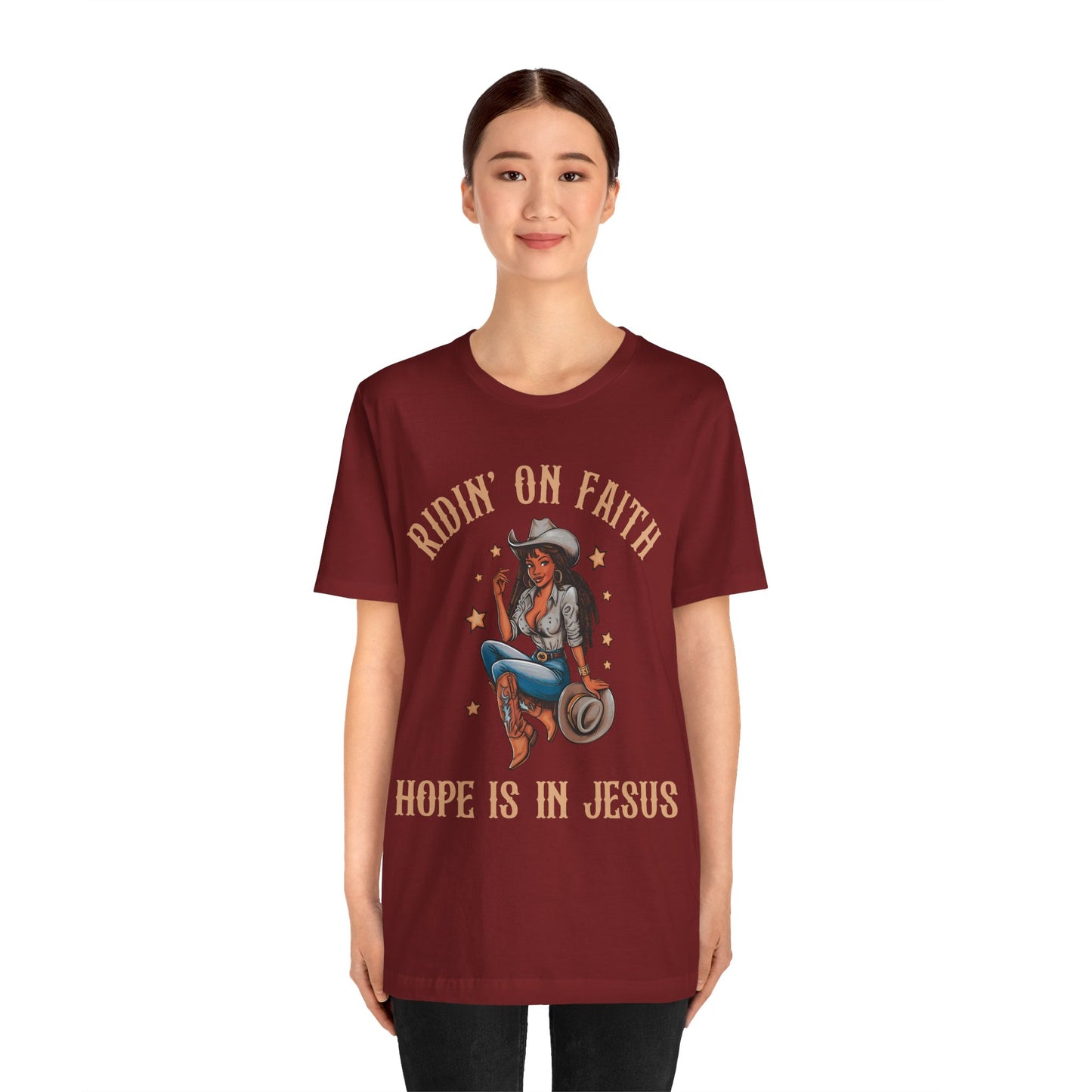 Ridin’ On Faith Cowgirl Shirt – Black Christian Western Jesus Tee