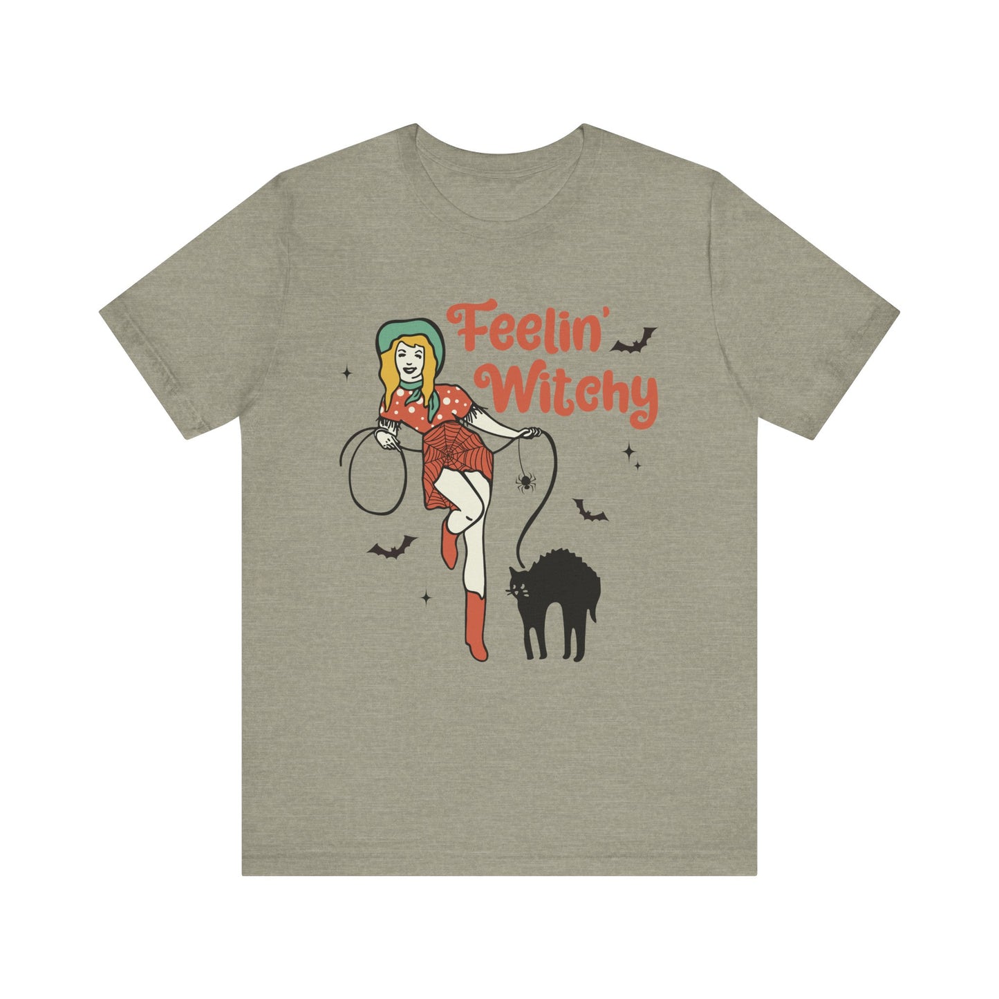 Feelin’ Witchy Shirt Vintage Pin-Up Witch & Black Cat Halloween Tee