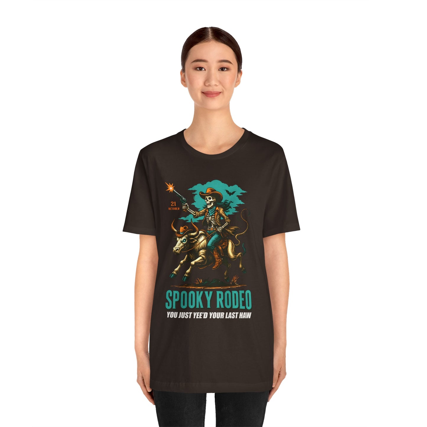 Spooky Rodeo Shirt Skeleton Cowboy Halloween Tee, Western Bull Rider Graphic for Fall