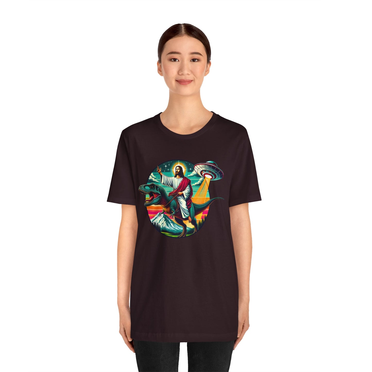 Jesus Riding Dinosaur Shirt – UFO Alien Cross Retro Christian God Tee