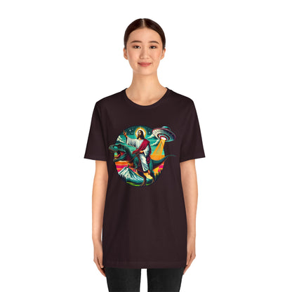 Jesus Riding Dinosaur Shirt – UFO Alien Cross Retro Christian God Tee