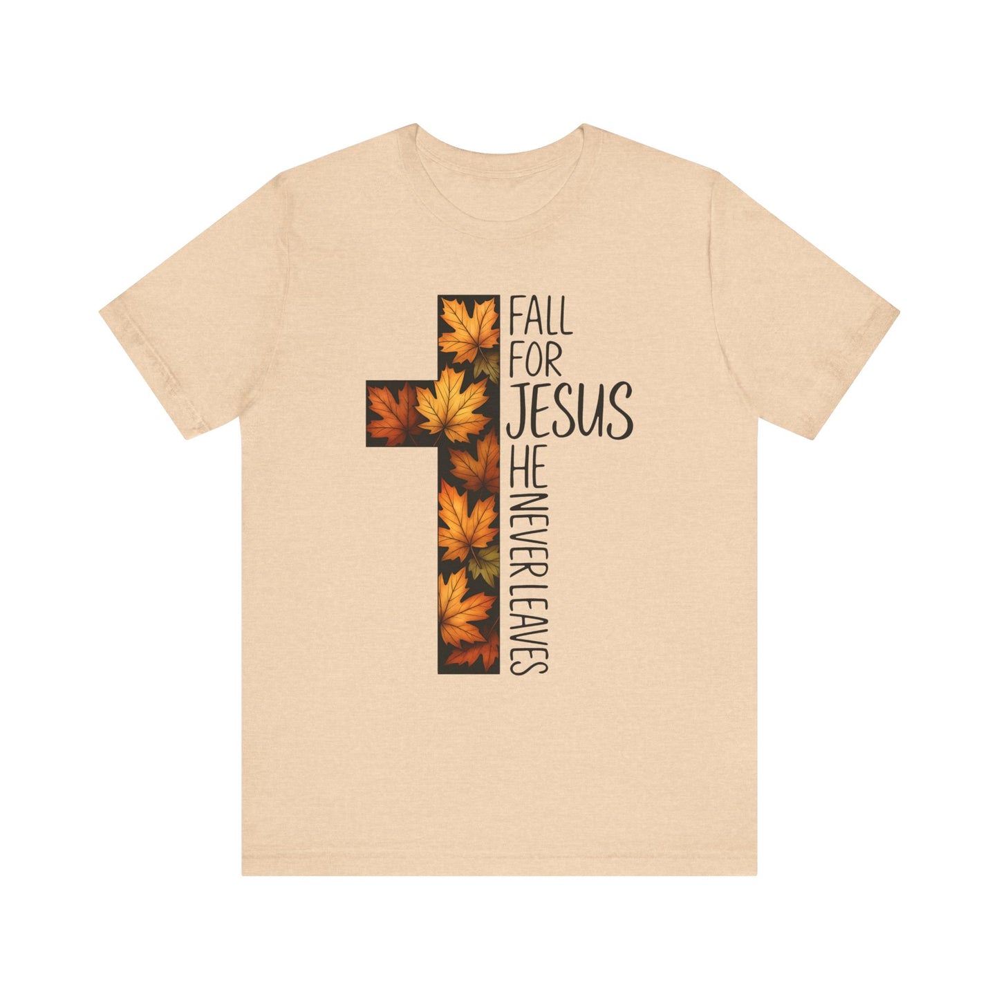 Fall for Jesus He Never Leaves Shirt – Retro Christian Cross Thanksgiving Tee