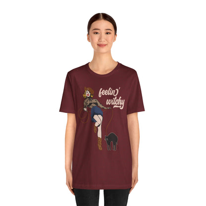 Feeling Witchy Shirt – Vintage Pin-Up Girl & Black Cat Halloween Tee