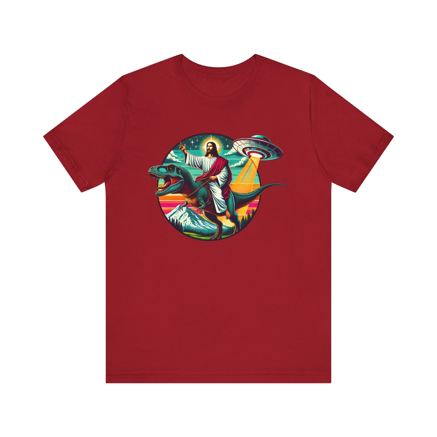 Jesus Riding Dinosaur Shirt – UFO Alien Cross Retro Christian God Tee