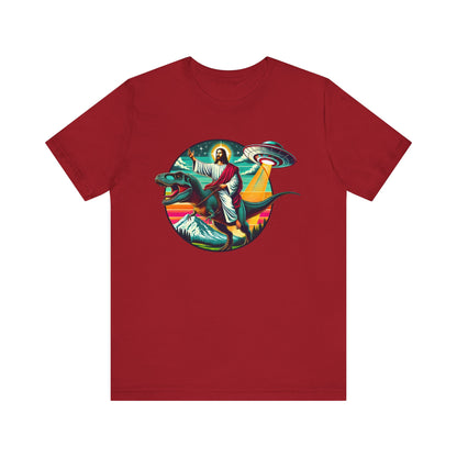 Jesus Riding Dinosaur Shirt – UFO Alien Cross Retro Christian God Tee