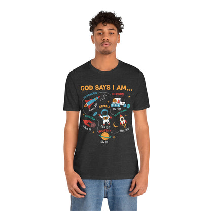 God Says I Am Kids Shirt – Christian Astronaut Space Galaxy Bible Affirmation Tee