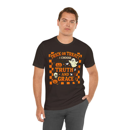 Trick or Treat I Choose Truth and Grace Shirt – Christian Halloween Faith Tee
