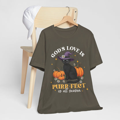 God’s Love Is Purr-fect Shirt – Cute Christian Black Cat Pumpkin Fall Faith Tee