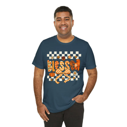 Blessed Checkerboard Pumpkin Shirt – Christian Thankful Fall Thanksgiving Tee