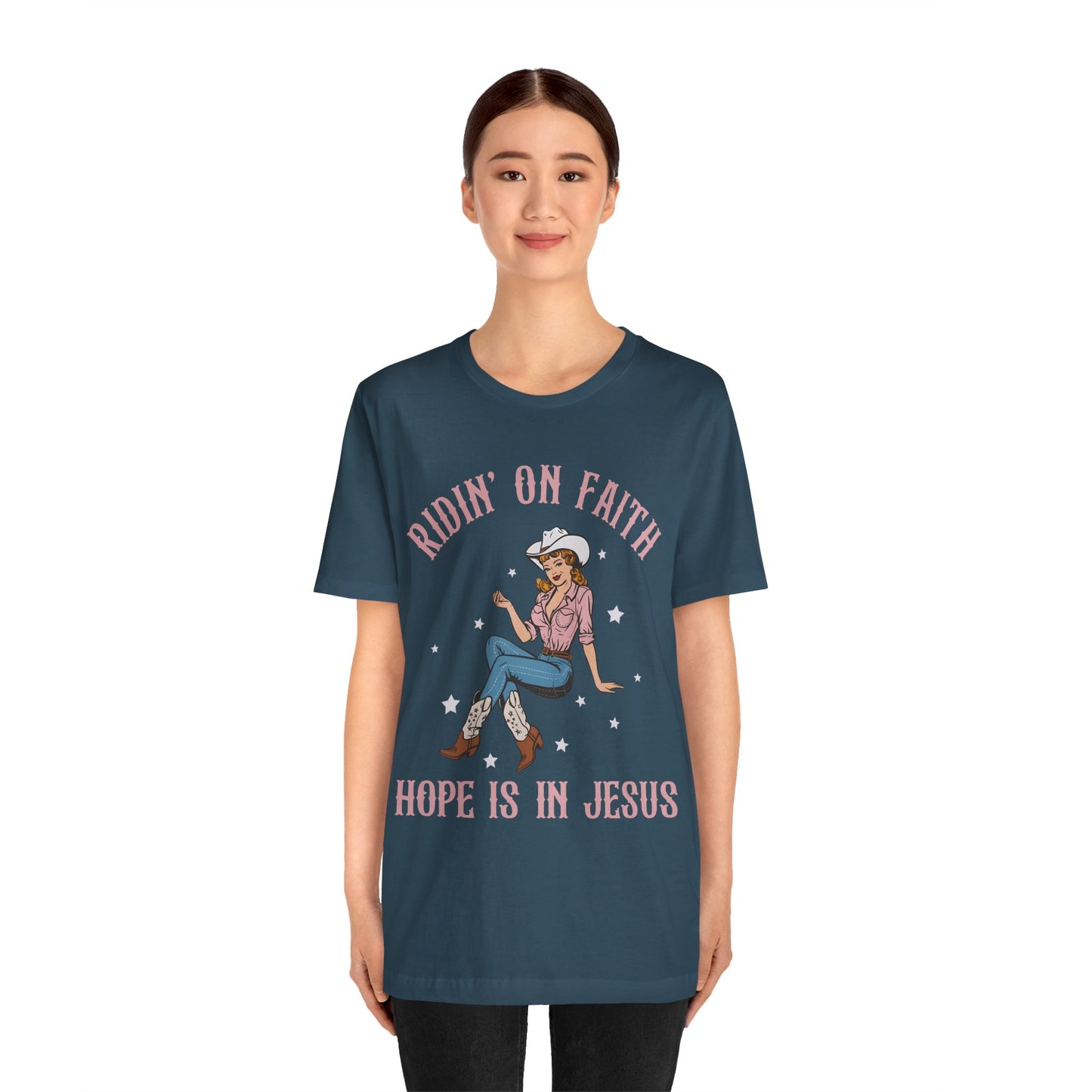 Ridin’ On Faith Shirt – Christian Cowgirl Rodeo Western Jesus Tee