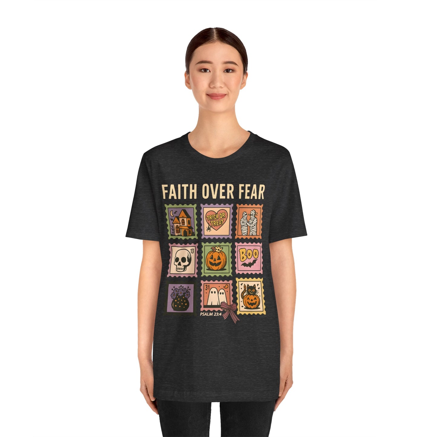 Faith Over Fear Shirt, Christian Halloween Stamp T-Shirt, Religious Spooky Season Tee
