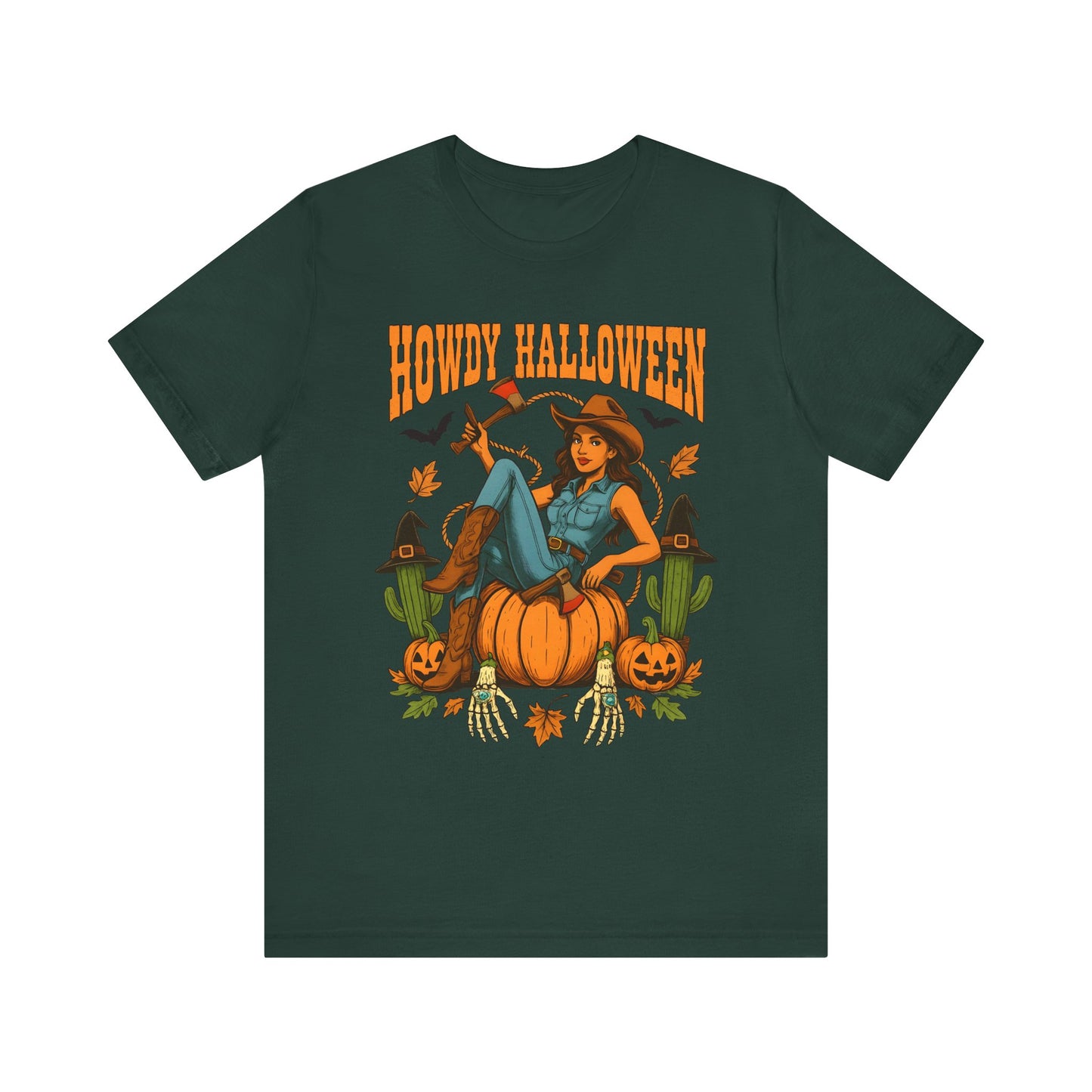 Howdy Halloween Shirt – Cowgirl on Pumpkin Tee with Skeleton Hands