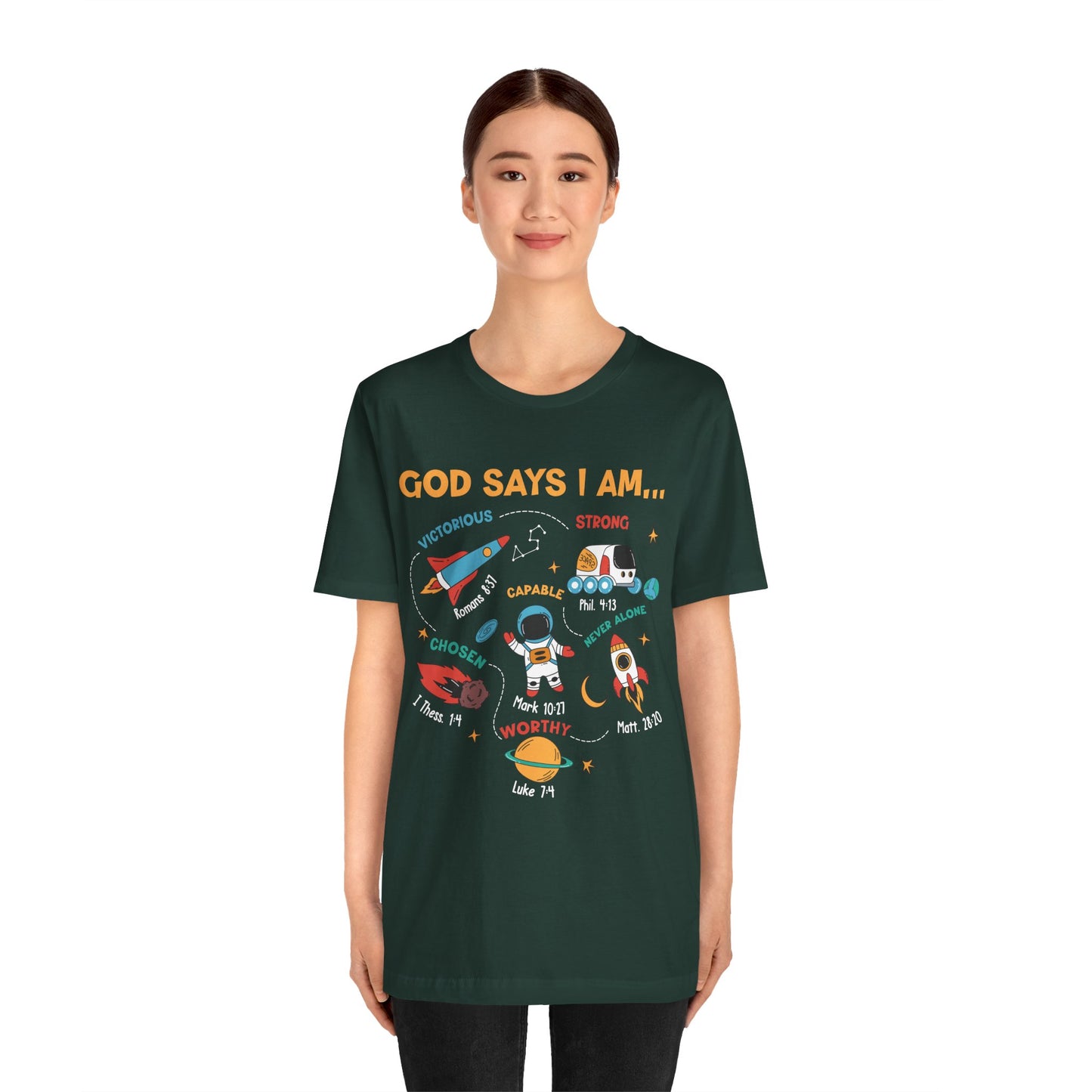 God Says I Am Kids Shirt – Christian Astronaut Space Galaxy Bible Affirmation Tee