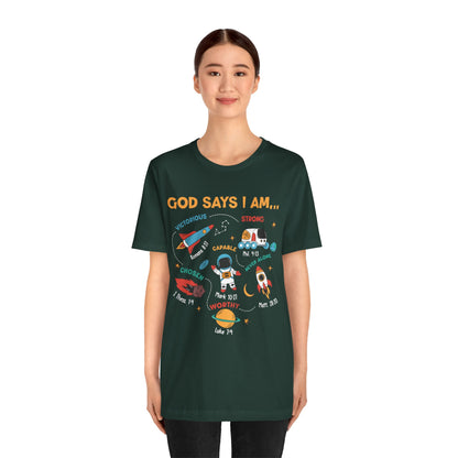 God Says I Am Kids Shirt – Christian Astronaut Space Galaxy Bible Affirmation Tee