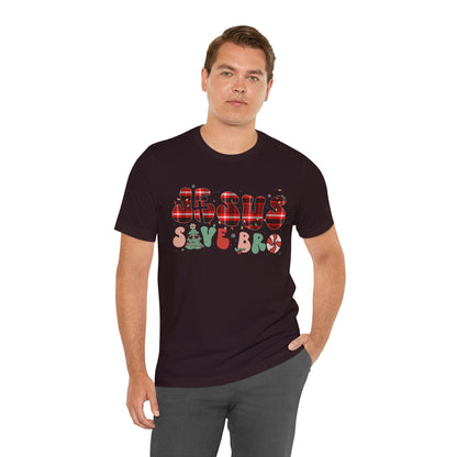 Groovy Jesus Saves Bro Shirt – Retro Red Plaid Christian Christmas Tee