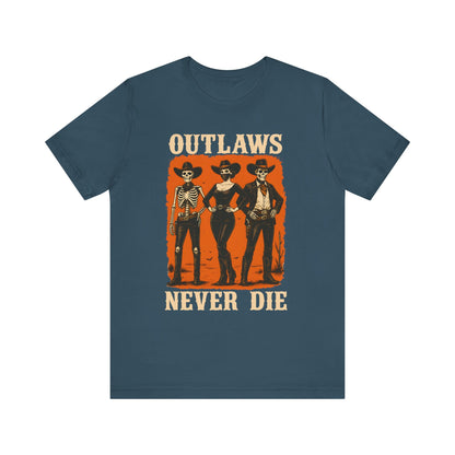 Outlaws Never Die Shirt – Gothic Western Skeleton Cowboy Halloween Tee